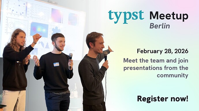 2025 meetup presenters, text: Typst Meetup Berlin; February 28, 2026; Meet the team and join presentations from the community; Register now!