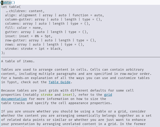 table documentation hover popup.