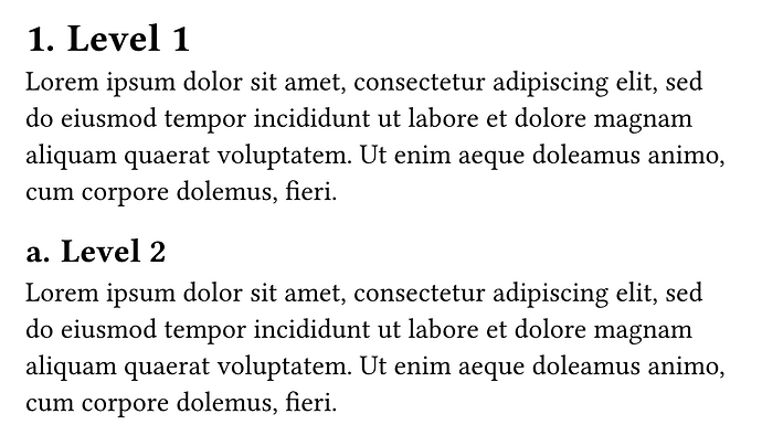 numbering is 1. for level 1 and a. for level 2