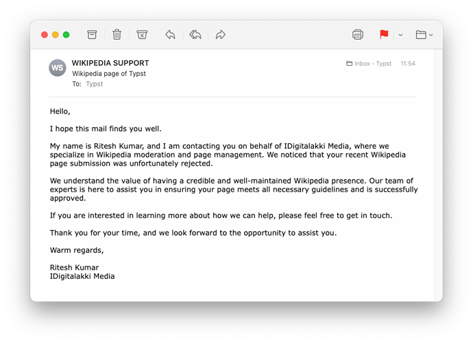 Email screenshot of someone wanting to help us get an article on Wikipedia against pay
