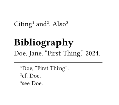 first citation has just "Doe, 'First Thing'" in the footnote, second citation has "cf." before the same text, and third one has "see" before the same text